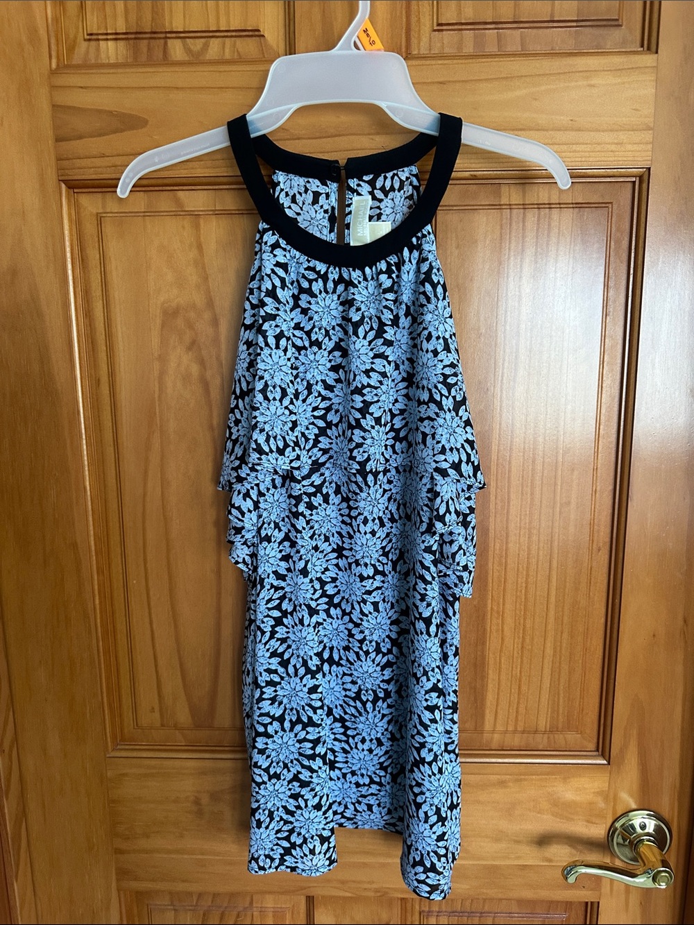 Michael Kors Sleeveless Black & Light Blue Floral Halter Top